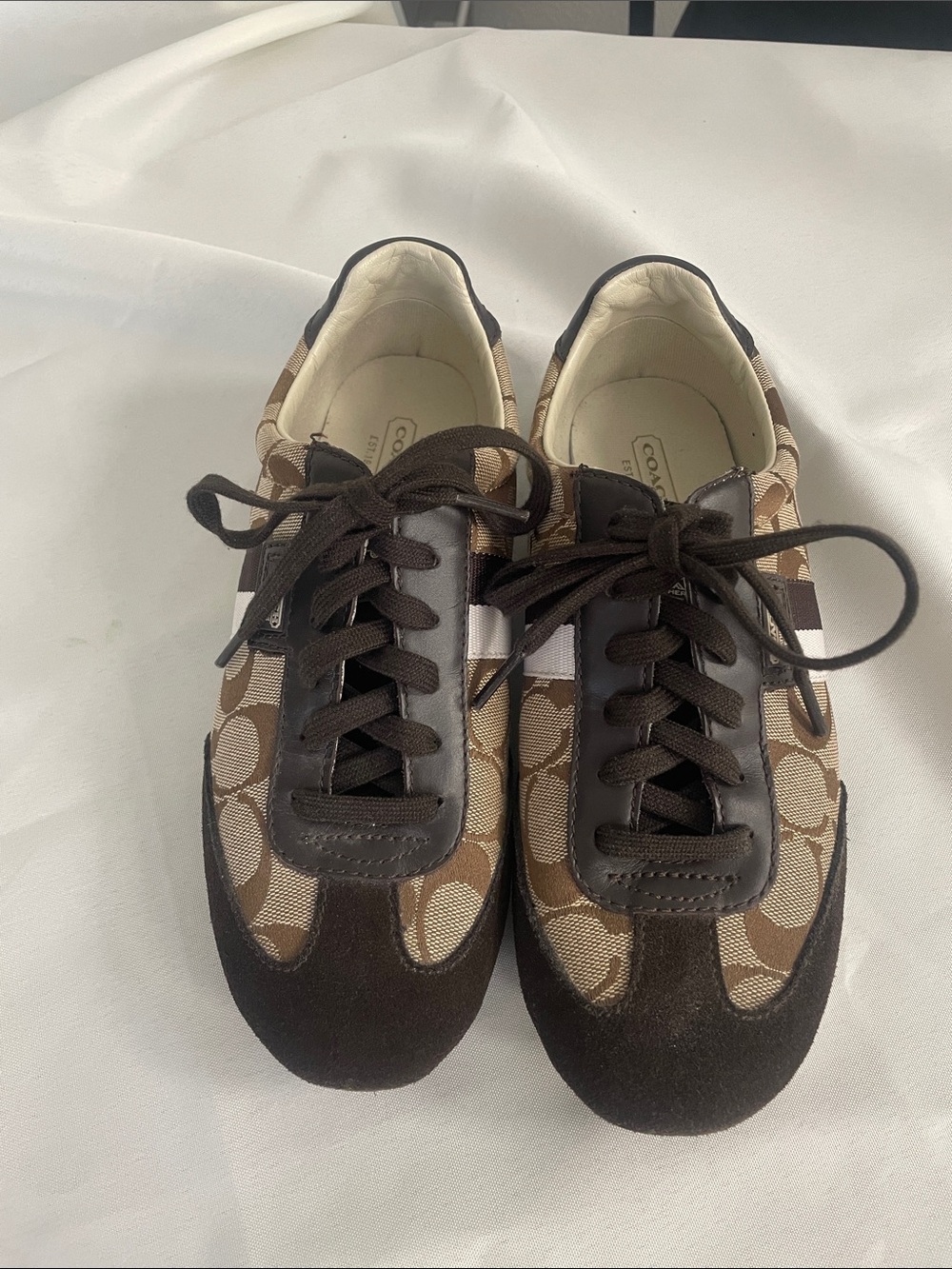 Coach Joss Brown and Tan Monogram Lace-Up Sneakers